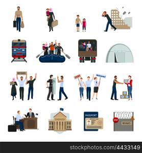 Stateless Refugees Flat Icons Set . Stateless refugees flat icons set with illegal immigrants camps embassy building foreign passport symbols isolated vector illustration
