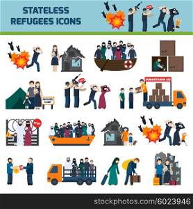Stateless refugees icons. Stateless refugees icons set with illigal immigrants isolated vector illustration