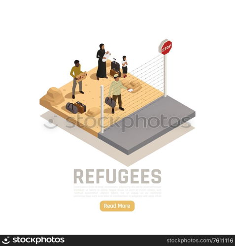 Stateless refugees isometric design concept with group of immigrants at border checkpoint needing help vector illustration