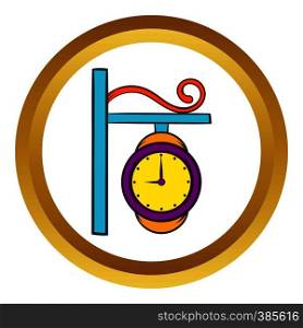 Station clock vector icon in golden circle, cartoon style isolated on white background. Station clock vector icon, cartoon style