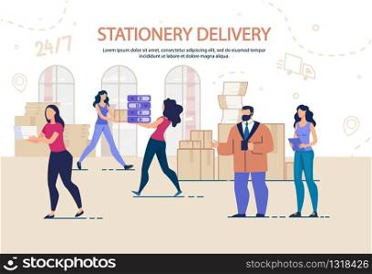 Stationary Appliance Delivery and Moving Office Service. Round-the-Clock Relocation Work Management. Man and Woman Workers Staff Characters Carrying Cardboard Boxes, Documents Folders Stack. Stationary Delivery and Moving Office Service