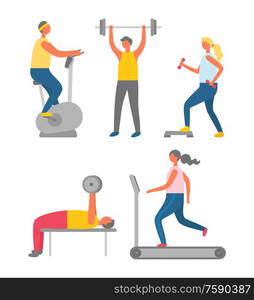 Stationary bicycle machine vector, jogging and dumbbells, barbells. Man and woman people leading active lifestyle, gymnastics exercises, athletes set. Bodybuilders in Gym Using Fitness Equipments Vector