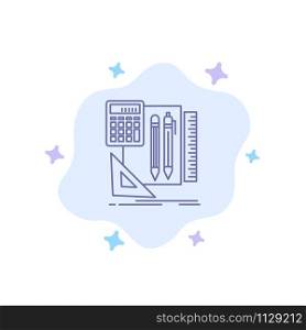 Stationary, Book, Calculator, Pen Blue Icon on Abstract Cloud Background