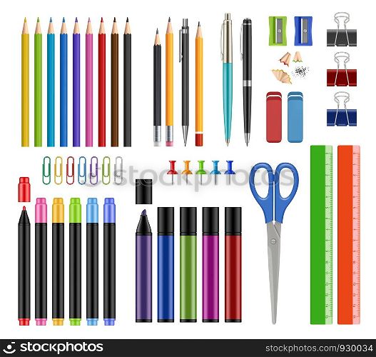 Stationary collection. Pen pencils sharpen rubber school education tools or office supply items vector realistic illustrations isolated. Pencil stationery collection, tool brush stationary. Stationary collection. Pen pencils sharpen rubber school education tools or office supply items vector realistic illustrations isolated