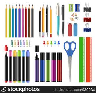 Stationary collection. Pen pencils sharpen rubber school education tools or office supply items vector realistic illustrations isolated. Pencil stationery collection, tool brush stationary. Stationary collection. Pen pencils sharpen rubber school education tools or office supply items vector realistic illustrations isolated