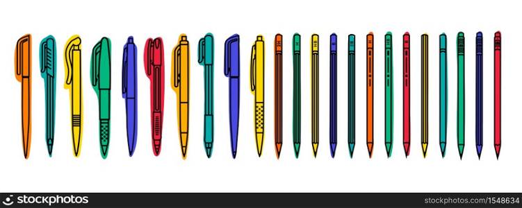 Stationary collections. Colored pens and pencils on white background. Outline vector illustration. Stationary collections. Colored pens and pencils on white background. Outline vector illustration.