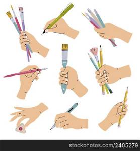 Stationary in hands. People holding brushes pencils lettering calligraphic items for artists recent vector flat templates set isolated. School education supplies holded by hands illustration. Stationary in hands. People holding brushes pencils lettering calligraphic items for artists recent vector flat templates set isolated