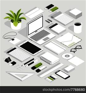 Stationary isometric white set with notebook smartphone glasses badge envelope floppy disk and other office supplies isolated elements vector illustration . Stationary Isometric White Set