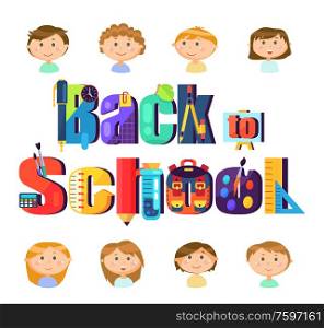 Stationery and pupils children, back to school vector. Education and knowledge, boys and girls, pen and pencil, timer and easel, calculator and flask. Back to School, Stationery and Pupils Children