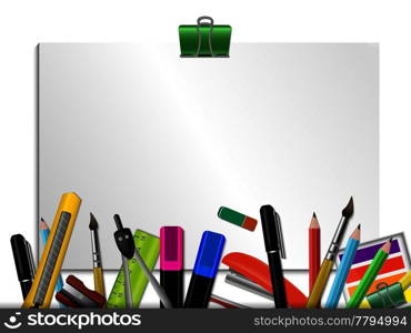 Stationery Colored Background with set of writing utensils on white notepad background vector illustration. Stationery Colored Background