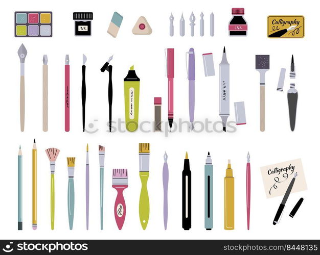 Stationery for artists. Brushes pencils acrylic bottles with liquid paint for making lettering calligraphic works recent vector illustrations set isolated. Brush and stationery tools artist. Stationery for artists. Brushes pencils acrylic bottles with liquid paint for making lettering calligraphic works recent vector illustrations set isolated