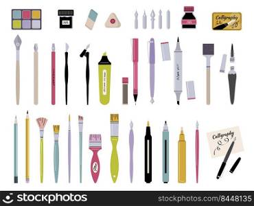 Stationery for artists. Brushes pencils acrylic bottles with liquid paint for making lettering calligraphic works recent vector illustrations set isolated. Brush and stationery tools artist. Stationery for artists. Brushes pencils acrylic bottles with liquid paint for making lettering calligraphic works recent vector illustrations set isolated