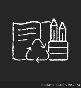 Stationery from recycled magazines chalk white icon on dark background. Recycling old newspapers. Eco friendly school supplies. Biodegradable pencils. Isolated vector chalkboard illustration on black. Stationery from recycled magazines chalk white icon on dark background