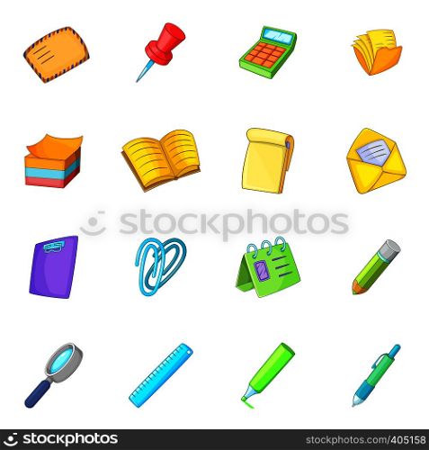 Stationery icons set. Cartoon illustration of 16 stationery vector icons for web. Stationery icons set, cartoon style