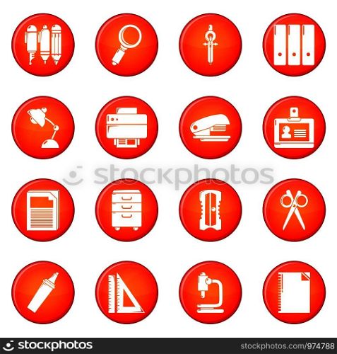 Stationery icons set vector red circle isolated on white background . Stationery icons set red vector