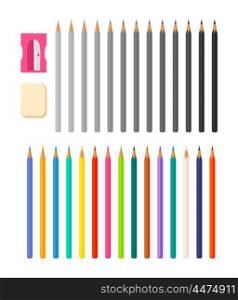 Stationery Illustration with Icons Various Pencils. Stationery isolated vector illustration with icons of various colored pencils placed vertically along with white rectangular eraser and plastic sharpener