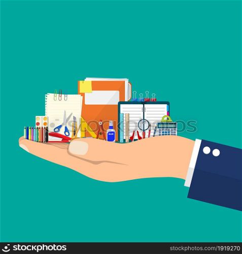 Stationery items in hand. Book, notebook, ruler, knife, folder, pencil, pen, calculator, scissors, paint tape file Office supply school Office and education equipment Vector illustration flat style. Stationery items in hand.