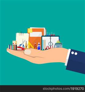 Stationery items in hand. Book, notebook, ruler, knife, folder, pencil, pen, calculator, scissors, paint tape file Office supply school Office and education equipment Vector illustration flat style. Stationery items in hand.
