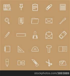 Stationery line icons on brown background, stock vector