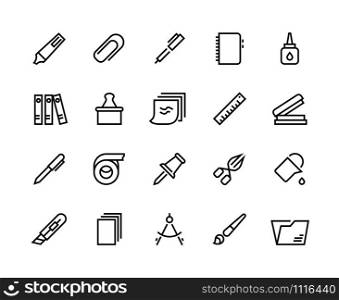 Stationery line icons. School and office supplies with pen pencil scissor folder glue and stickers. Vector paper duct tape and ruler set, stickers, eraser, clips, brush, notebook. Stationery line icons. School and office supplies with pen pencil scissor folder glue and stickers. Vector paper duct tape and ruler set