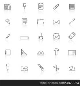 Stationery line icons with reflect on white background, stock vector