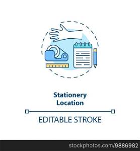 Stationery location concept icon. Office ergonomics tip idea thin line illustration. Working environment. Avoiding overreaching. Vector isolated outline RGB color drawing. Editable stroke. Stationery location concept icon