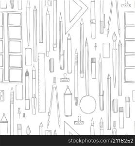 Stationery. Pens, pencils, paints, compasses. Vector seamless pattern. Stationery set. Pens, pencils, paints, compasses.