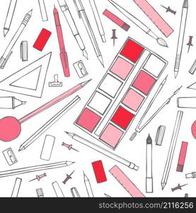 Stationery. Pens, pencils, paints, compasses. Vector seamless pattern. Stationery set. Pens, pencils, paints, compasses.