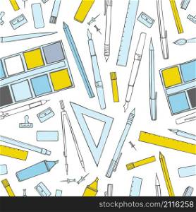 Stationery. Pens, pencils, paints, compasses. Vector seamless pattern. Stationery set. Pens, pencils, paints, compasses.