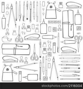 Stationery, pens, pencils, pencil sharpener, paper clips, glue. Vector background