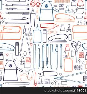 Stationery, pens, pencils, pencil sharpener, paper clips, glue. Vector seamless pattern.