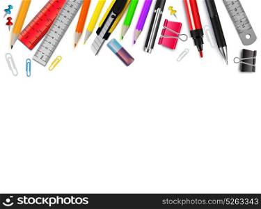 Stationery Realistic Background. White background with different stationery items realistic vector illustration