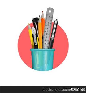 Stationery Realistic Composition. Different stationery items in blue plastic glass composition in red circle on white background realistic vector illustration