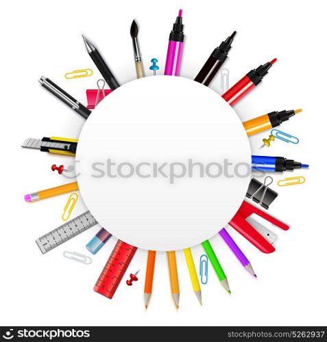Stationery Realistic Frame . Colorful realistic frame in form of circle with various stationery items on white background vector illustration
