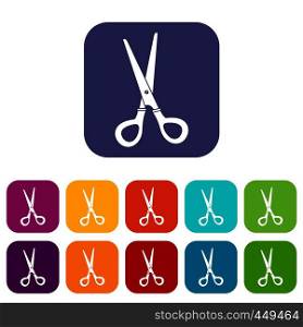 Stationery scissors icons set vector illustration in flat style In colors red, blue, green and other. Stationery scissors icons set flat