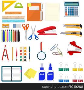 Stationery set icons. Book, notebook, ruler, knife, folder, pencil, pen, calculator, scissors, paint tape file Office supply school Office and education equipment Vector illustration flat style. Stationery set icons.