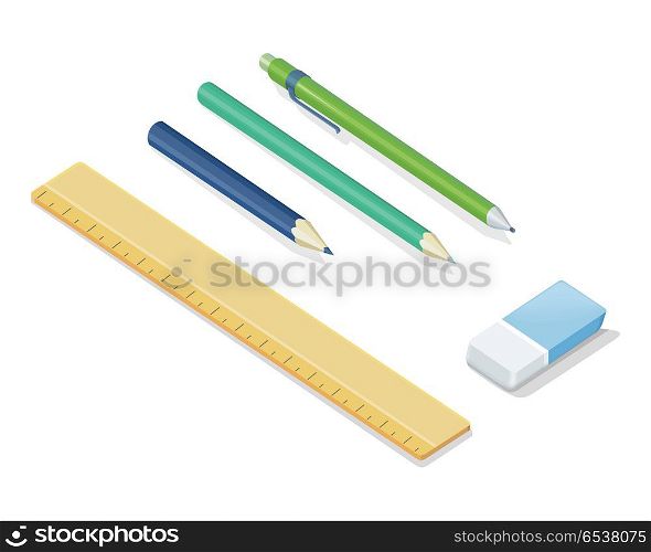 Stationery set. Pencils, ballpoint pen, eraser, ruler vector illustrations in isometric projection isolated on white background. Office supplies collection. For educational, drawing, business concepts. Stationery Vector Set In Isometric Projection . Stationery Vector Set In Isometric Projection