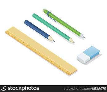 Stationery set. Pencils, ballpoint pen, eraser, ruler vector illustrations in isometric projection isolated on white background. Office supplies collection. For educational, drawing, business concepts. Stationery Vector Set In Isometric Projection . Stationery Vector Set In Isometric Projection