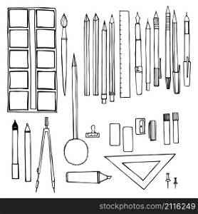 Stationery set. Pens, pencils, paints, compasses. Vector sketch illustration . Stationery set. Pens, pencils, paints, compasses.