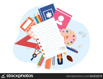 Stationery Set with Globe, Backpack, Book, Notebook, Ruler, Pencil, Pen, Calculator, Magnifying Glass or Scissors in Flat Cartoon Illustration