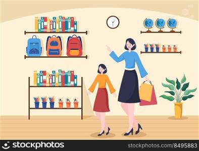 Stationery Shop for Buying School Supplies Like a Book, Backpack, Notebook, Ruler, Pencil, Pen, Calculator or Scissors in Flat Cartoon Illustration