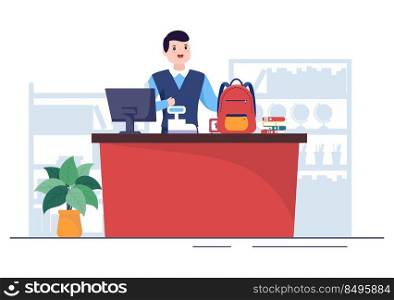 Stationery Shop for Buying School Supplies Like a Book, Backpack, Notebook, Ruler, Pencil, Pen, Calculator or Scissors in Flat Cartoon Illustration