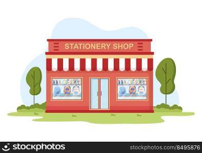 Stationery Store Building for Buying School Supplies Like a Book, Backpack, Notebook, Ruler, Pencil, Pen, Calculator or Scissors in Flat Cartoon Illustration