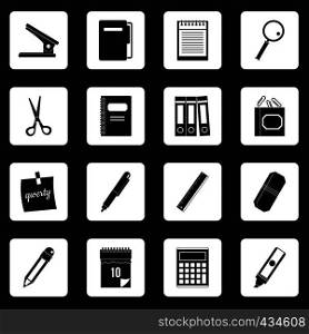 Stationery symbols icons set in white squares on black background simple style vector illustration. Stationery symbols icons set squares vector