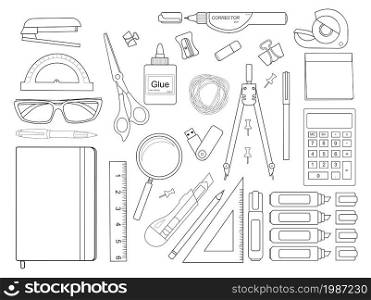 Stationery tools. Pen, binder, clip, ruler, glue, zoom, scissors, scotch tape, stapler, corrector, glasses, pencil, calculator, eraser, knife, compasses, protractor, sticky notes. Contour lines. Stationery tools set. Contour