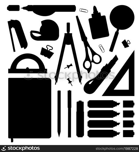 Stationery tools silhouettes set. Vector clip art illustrations isolated on white. Stationery tools silhouettes set