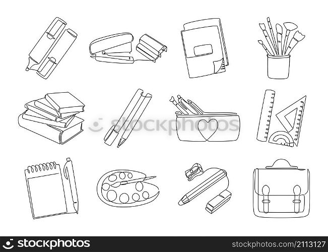 stationery. Trendy continuous line collection of books notepad pen pencil ruler brushes. Vector monoline contemporary set graphic ilustration stationery education. Line school stationery. Trendy continuous line collection of books notepad pen pencil ruler brushes. Vector monoline contemporary set