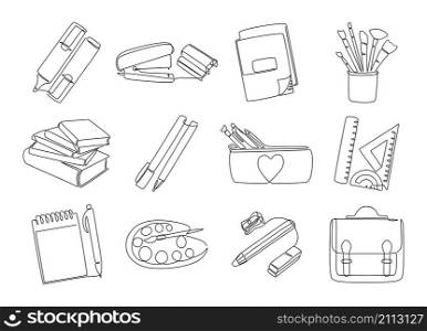 stationery. Trendy continuous line collection of books notepad pen pencil ruler brushes. Vector monoline contemporary set graphic ilustration stationery education. Line school stationery. Trendy continuous line collection of books notepad pen pencil ruler brushes. Vector monoline contemporary set