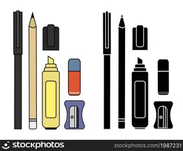 Stationery writing tools set. Pen, pencil, yellow marker, eraser, sharpener. Vector color and silhouette clip art illustration isolated on white. Stationery writing tools set. Color. Silhouette
