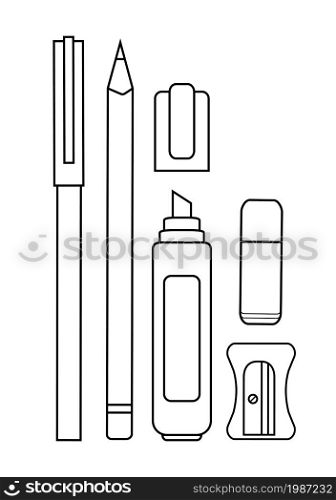 Stationery writing tools set. Pen, pencil, yellow marker, eraser, sharpener. Vector contour lines clip art illustration isolated on white. Stationery writing tools set. Contour